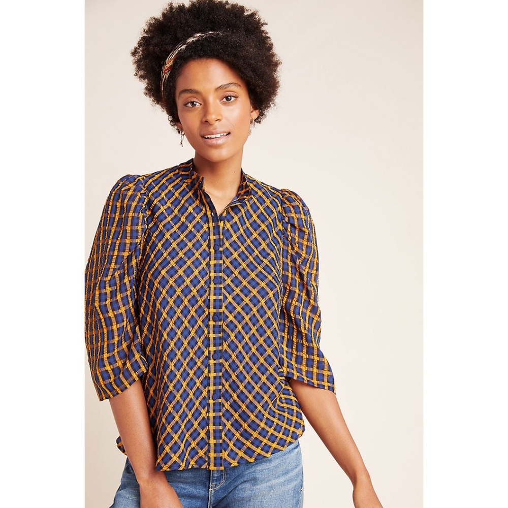 Eva Franco Anthropologie Textured Plaid Puff Sleeve Blouse Button up Shirt - Picture 2 of 8